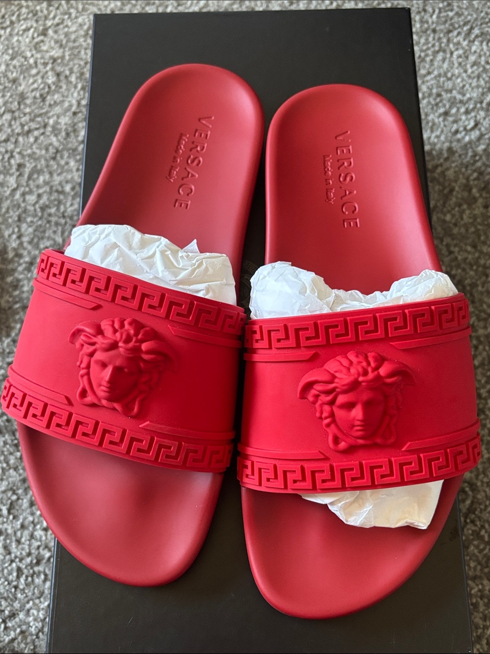 Versace Red Medusa Embossed Slide Sandals